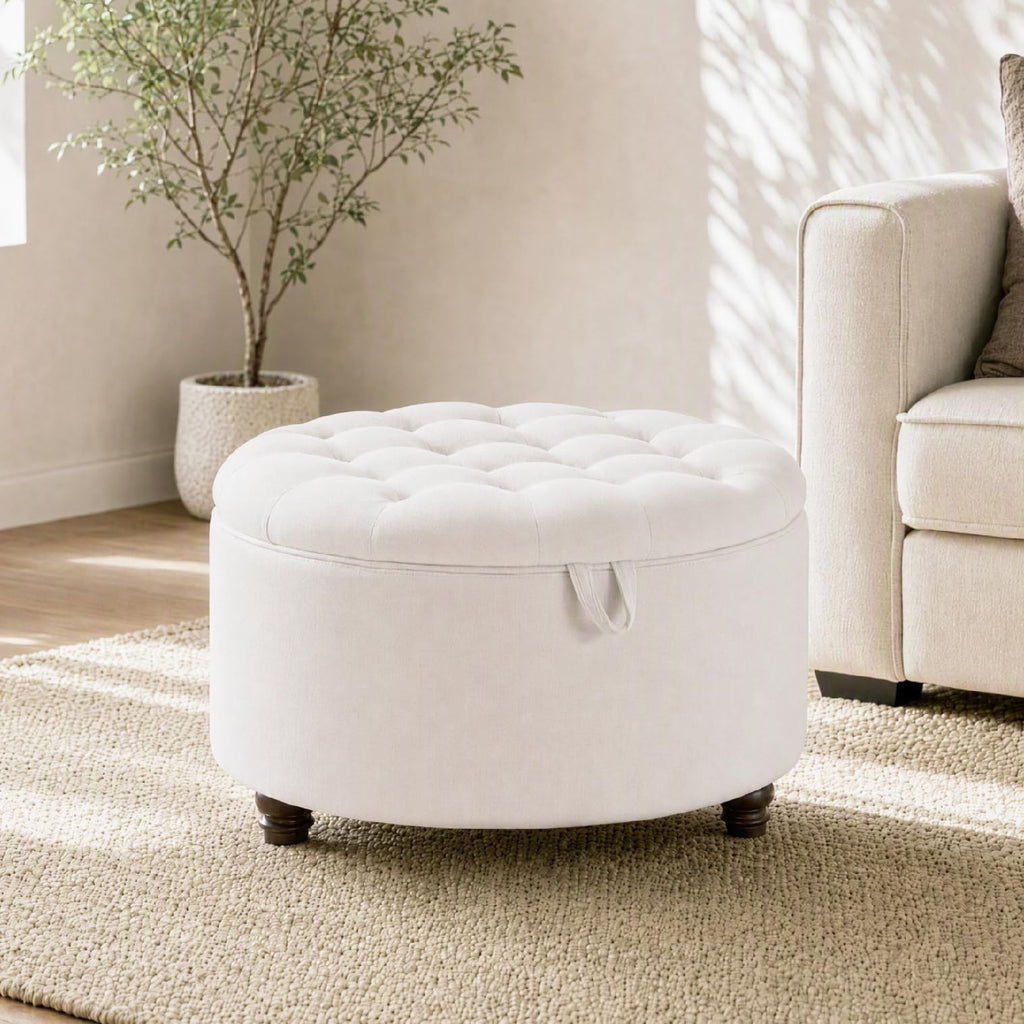 30" Round Storage Ottoman Coffee Table, Tufted Lid & Wood Top, Beige