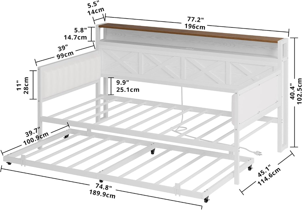 Daybed with Trundle, Sturdy Metal Twin Bed Frame with X-Shaped Frame, Upholstered Farmhouse Daybed with Charging