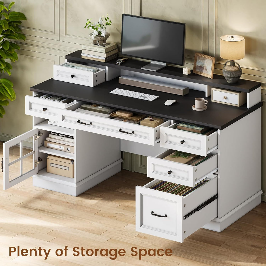 Farmhouse Executive Desk with Drawers Computer Desk with File Drawers, Power Outlet and Led Lights