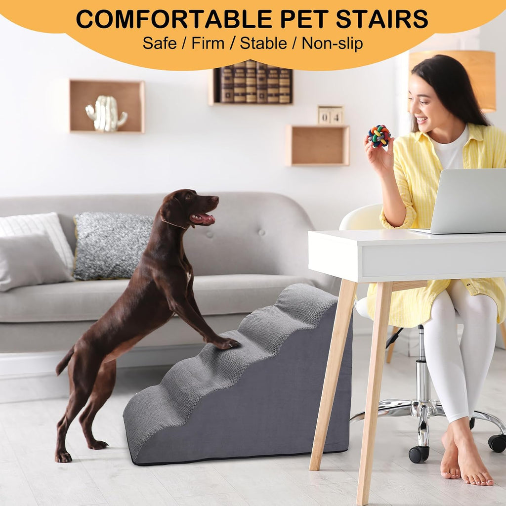 Dog Stairs for Bed, 5-Step Dog Steps for Couch and High Bed, Non-Slip Pet Stairs, 24" High Sofa Foam Ramp - Best
