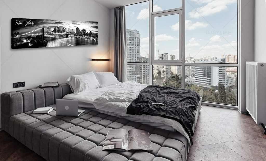 York Skyline Canvas Wall, B&W Brooklyn Bridge Print 13.8×47.3