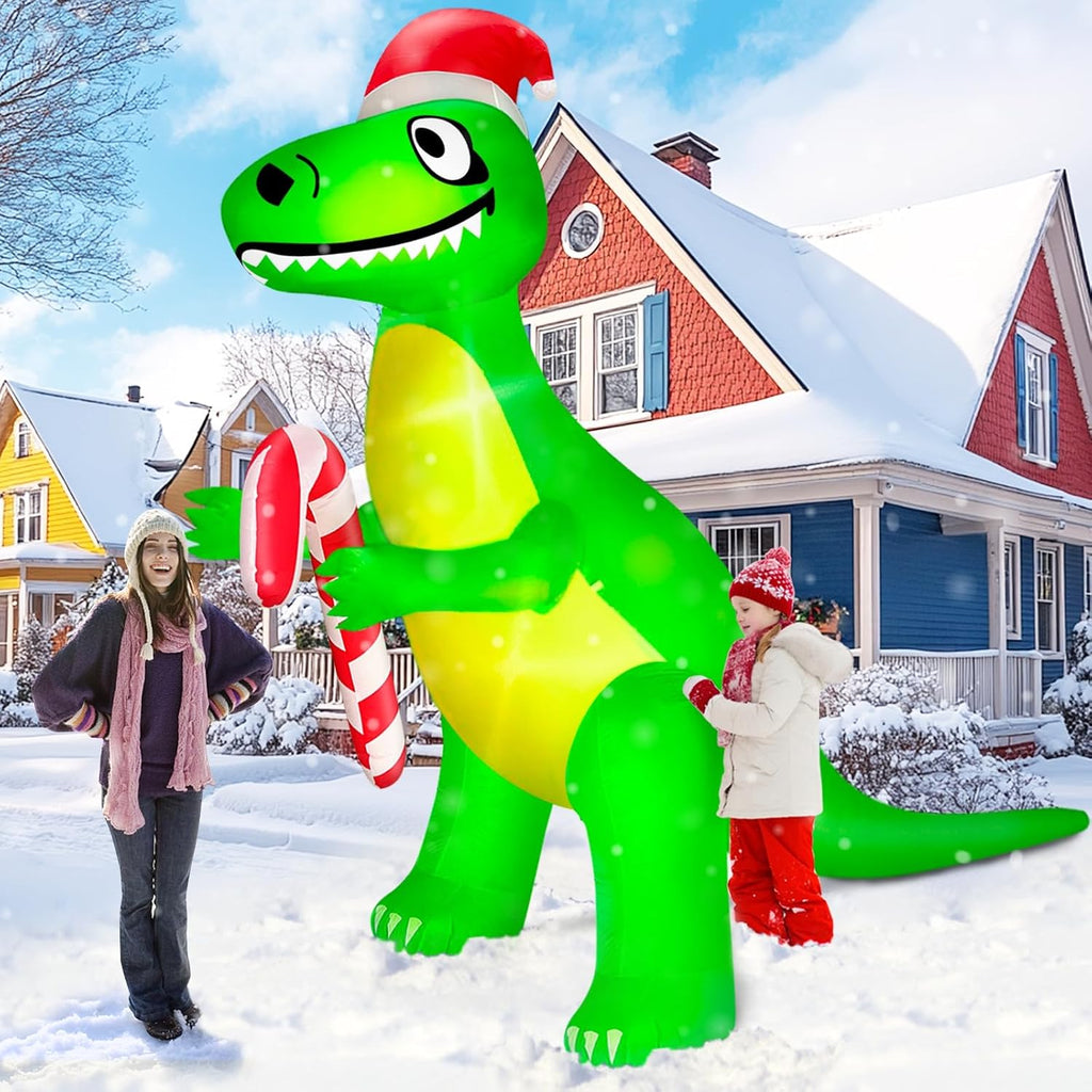 12 Ft L x10 Ft Ht Giant Christmas Inflatable Santa Dinosaur Candy Cane Build-in LED Lights Christmas Blow up Yard