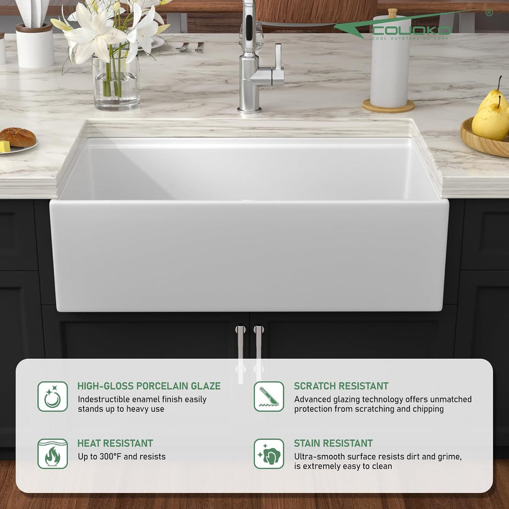 White Fireclay Farmhouse Sink Workstation - 33 Inch White Apron Front Fireclay Farm Sink Large Deep Ceramic Single