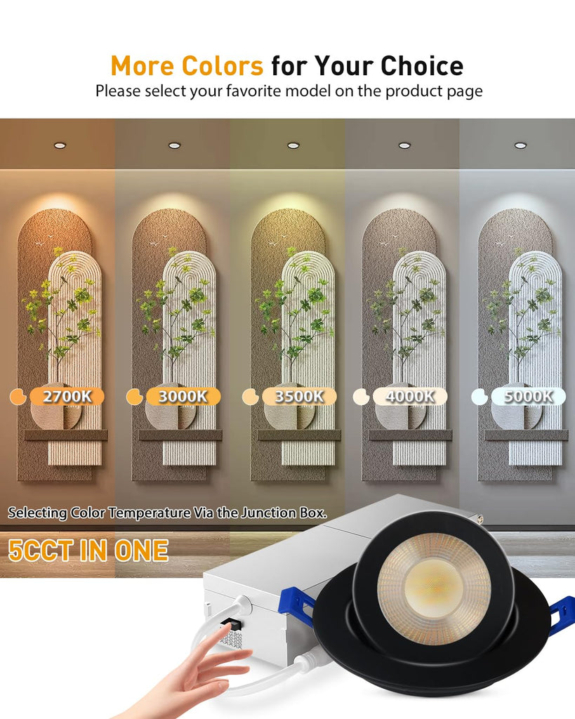 4 Pack 2 inch 5CCT Black LED Gimbal Recessed Light, 5W=50W 550LM,120V
