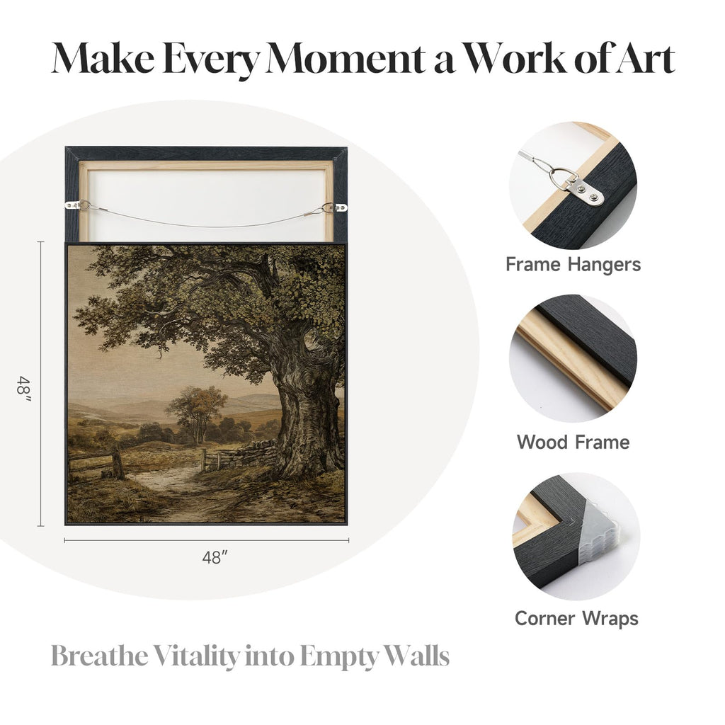 Extra Large Framed Vintage Tree Landscape Wall Art, Square