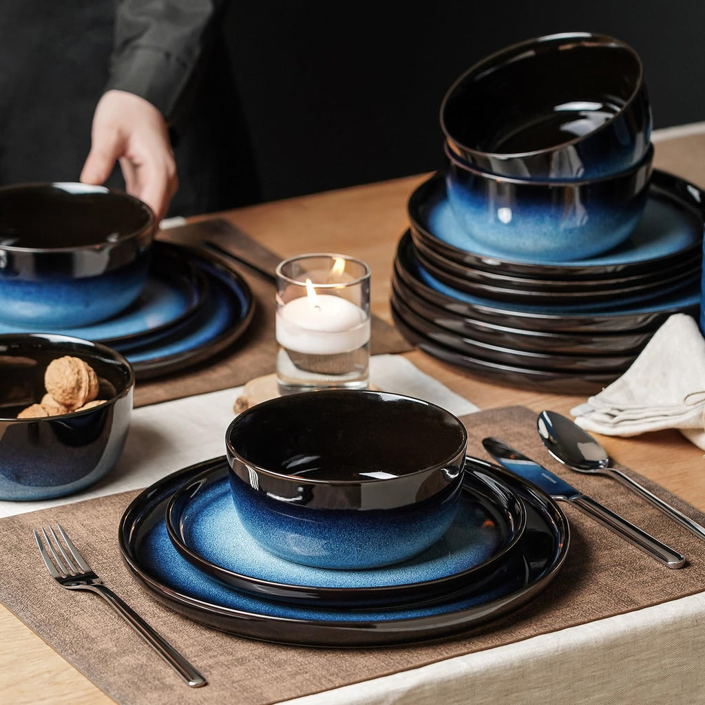 Stoneware Dinnerware Sets for 4, Reactive Glaze, Navy Blue