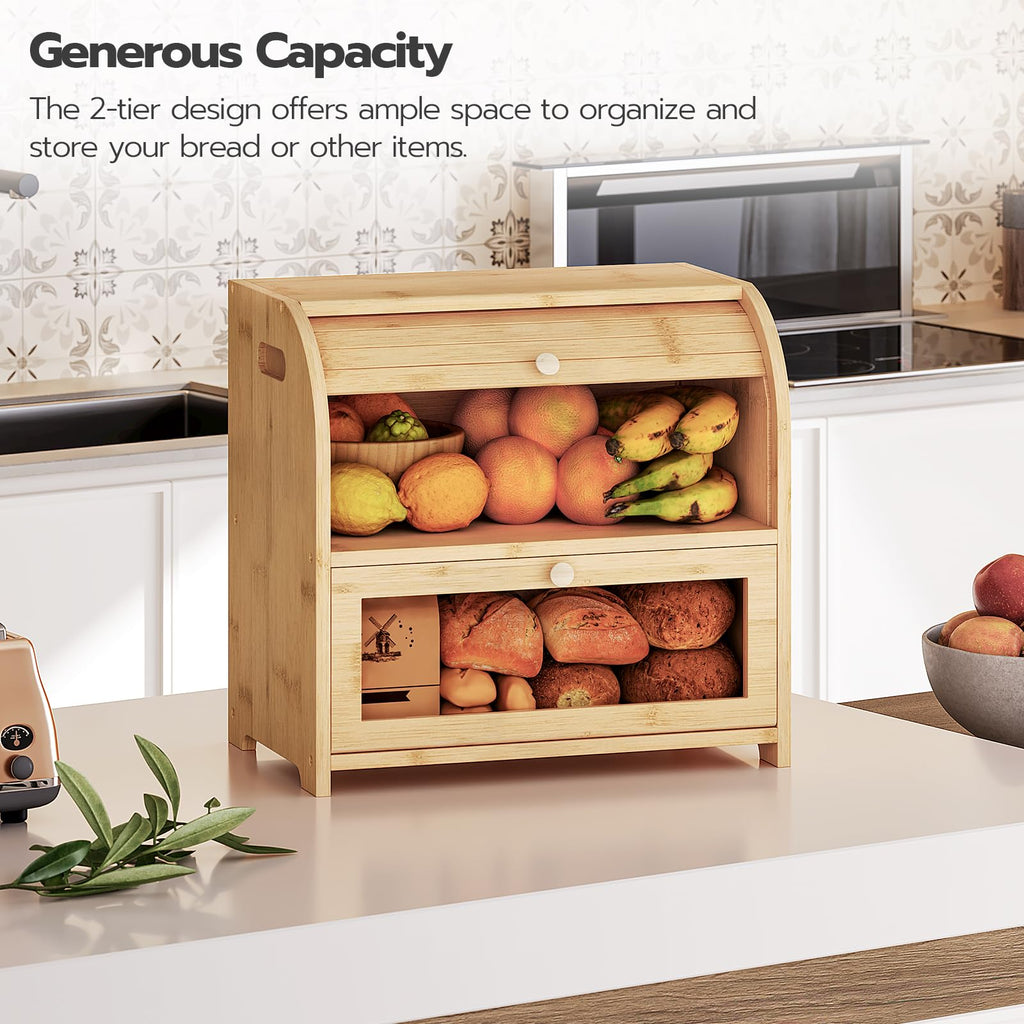 Bamboo Countertop, 2 Tier Roll-Top Bread Bin, Food Storage Box, Large Capacity Keeper, Wooden Storage Cabinet