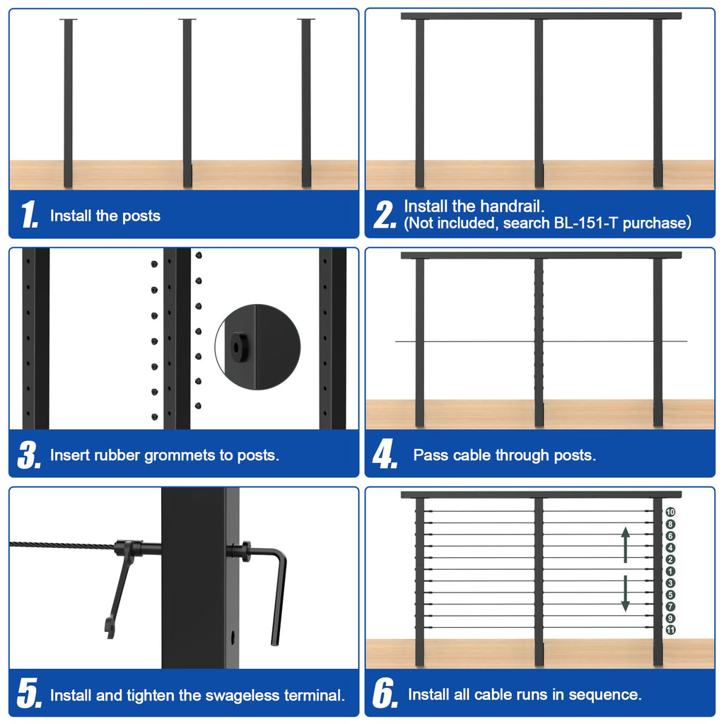 12-24FT Side Mount Cable Railing Post Kits 36 Inch, Black Space-Saving