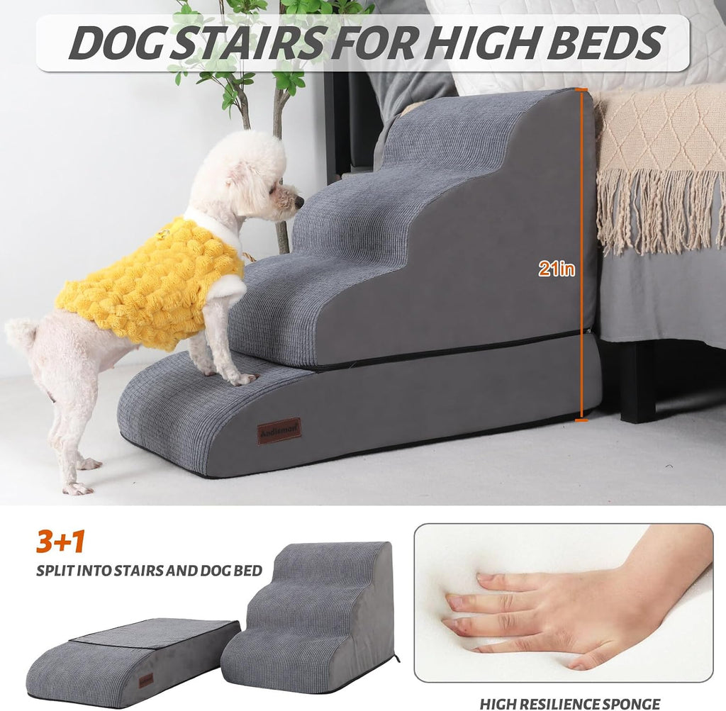 4-Step Dog Stairs and Ramp for Beds or Couch, Pet Steps for Dogs and Cats