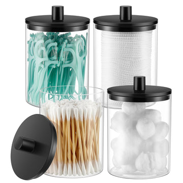 Glass Qtip Holder Dispenser - 10 oz Clear Canister Apothecary Jar, Bathroom Vanity Storage Organizer Set for Cotton
