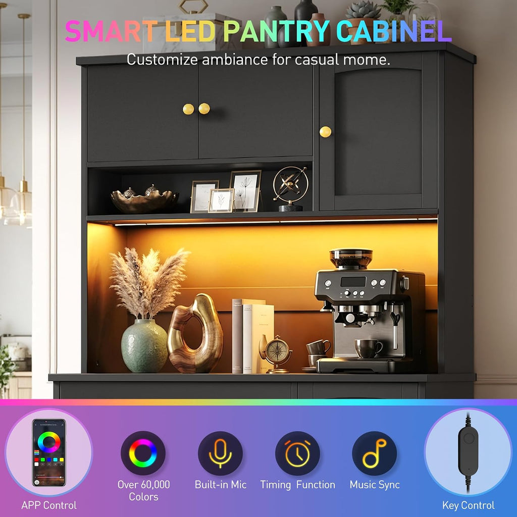 Pantry Cabinet with Charging Station and LED Light, Kitchen Hutch Cabinet Countertop, Drawers and Adjustable Shelf