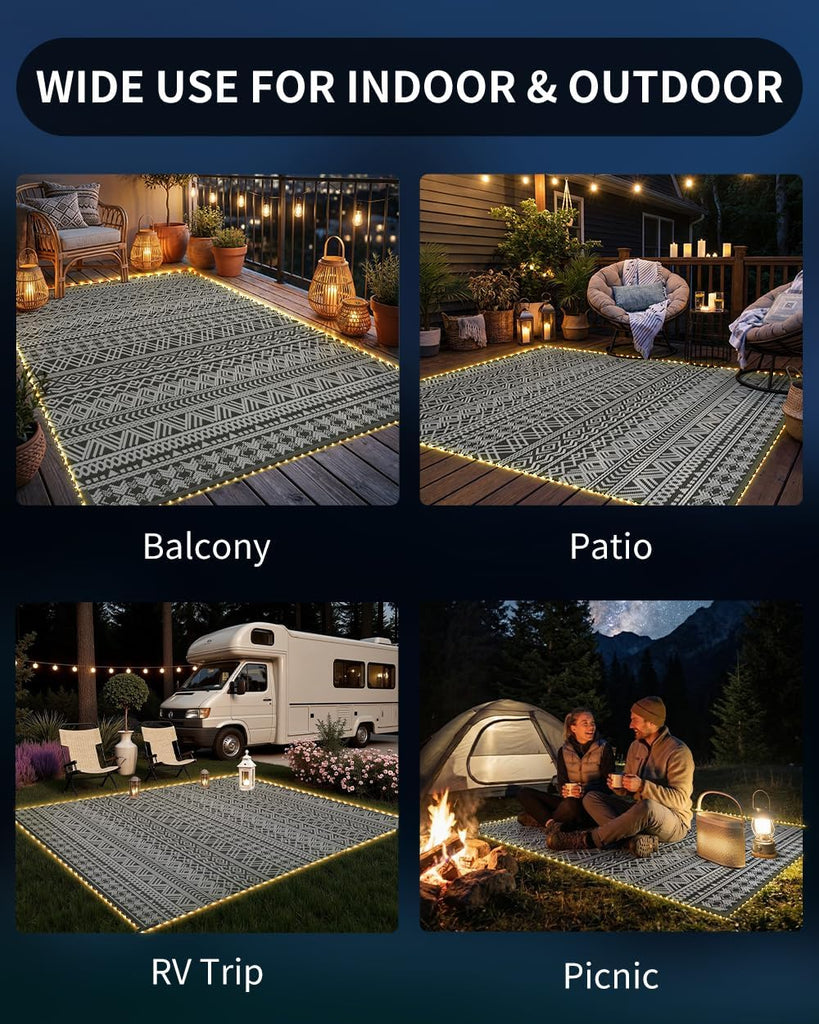 Outdoor Rug Carpet RV Camping with Led Strip Lights Waterproof Plastic Straw Rug Reversible Portable Outside