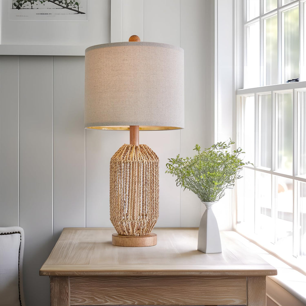 21" Boho Table Lamp, Bedside Lamp for Nightstands, Rattan Lamp, Farmhouse Table Lamp for Room Decor, End Table