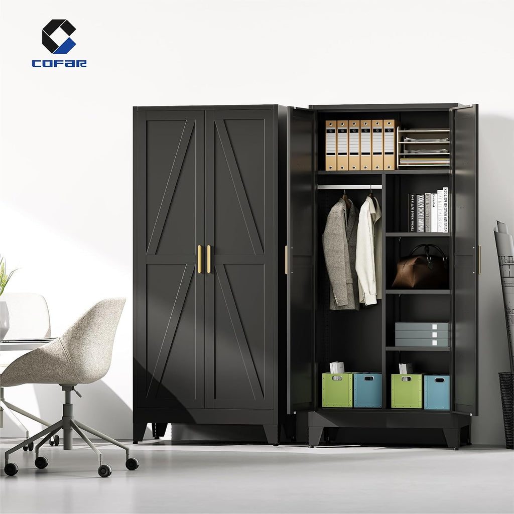 Wardrobe Closet with Doors, Metal Bedroom Armoire with Adjustable Hanging Rod and Shelves, Farmhouse Broom Closet