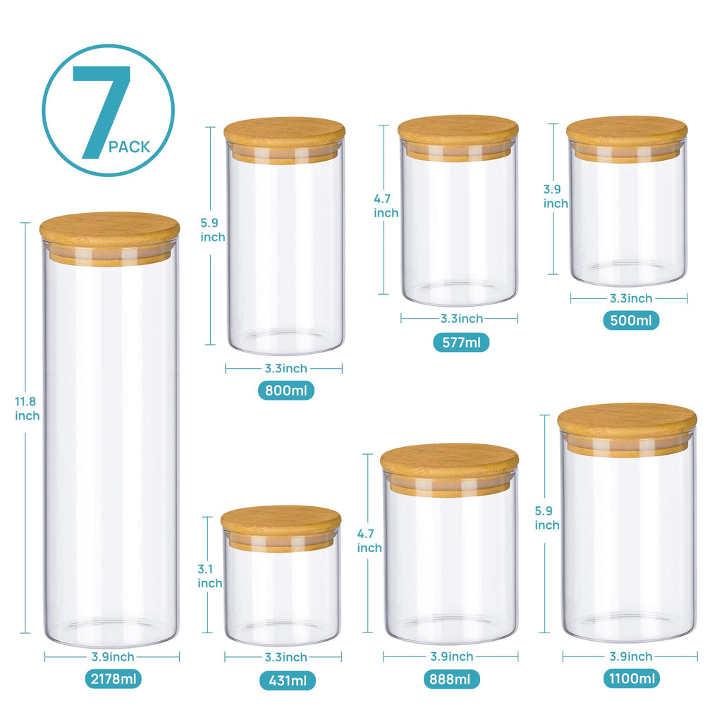 Glass Food Storage Jars, 7 Pack Kitchen Containers with Airtight Bamboo Wooden Lids for Pasta, Cookies, Nuts, Coffee