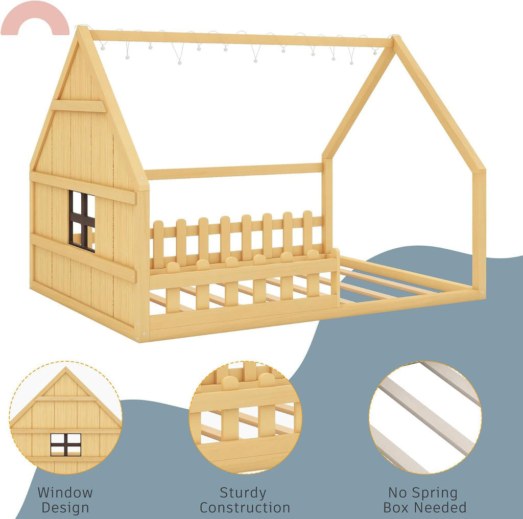 House Bed for Kids, Wood Montessori Floor Bed with LED Light Toddler Floorbed with Fence and Window