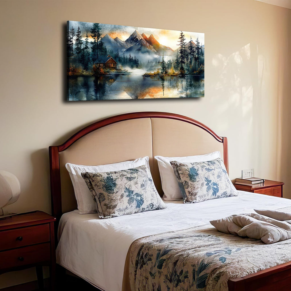 Large Mountain Cabin Wall Art 48x24 Rustic Lake Panoramic Canvas Print