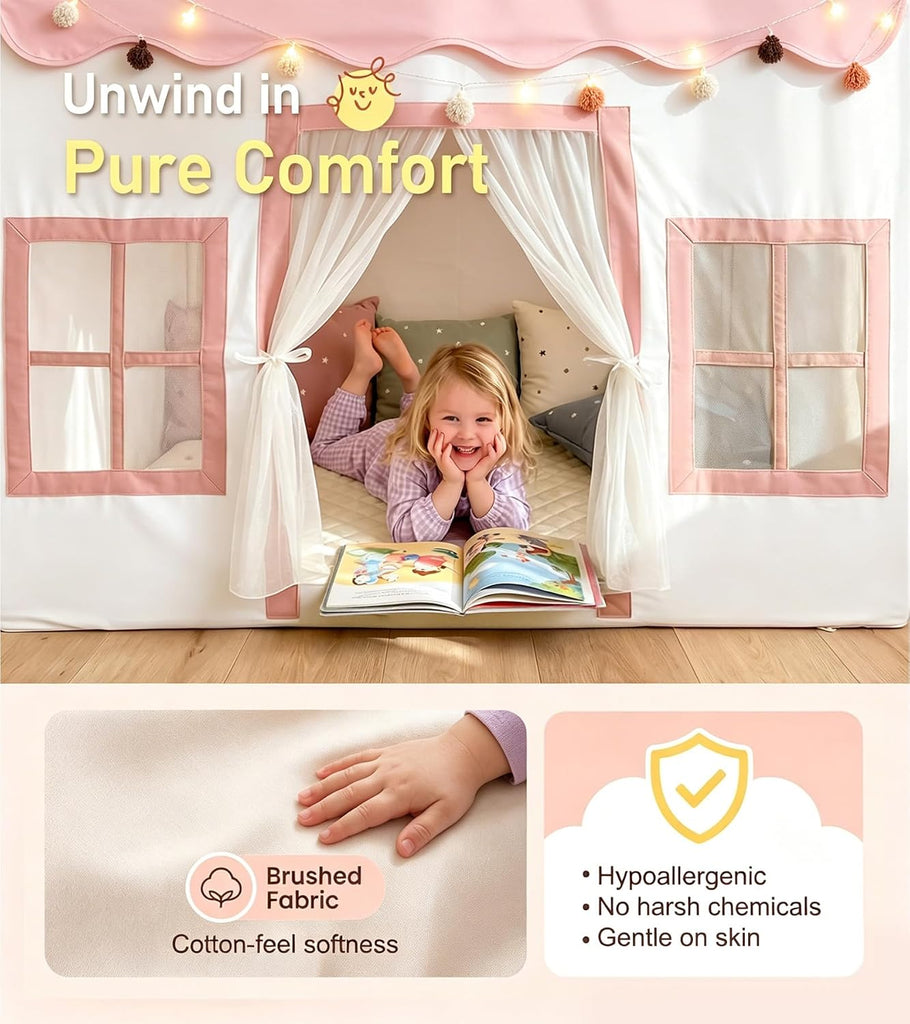 Large Kids Tent with Mat, Star Lights, Tissue Garland, Play Tents for Indoor & Outdoor Use, Kids Play Tent for Girl &