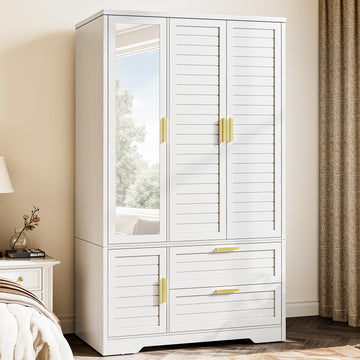 Armoire Wardrobe Closet with Mirror - 71" Wood Clothing Storage Cabinet, Wardrobe Closet with Doors & 2 Drawers