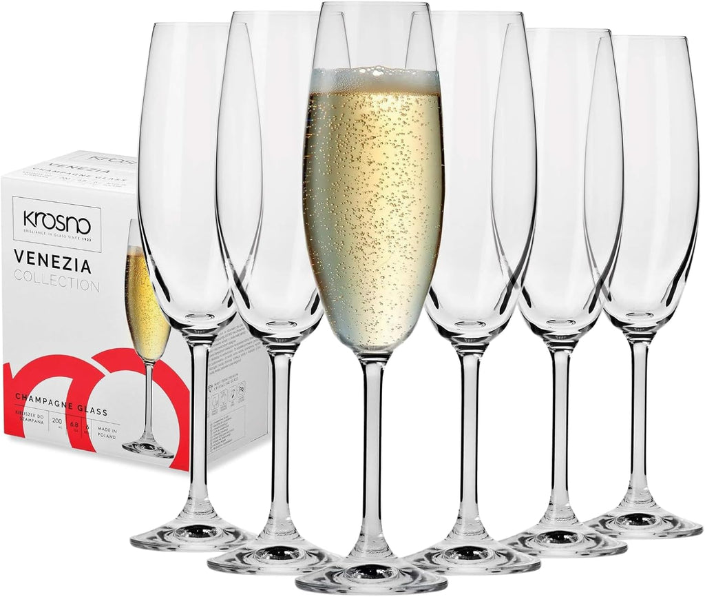 Crystal Champagne Flutes, Set of 6, 6.8 oz, Venezia Collection, Lead-Free Glass, Flutes for Prosecco, Sparkling Wine