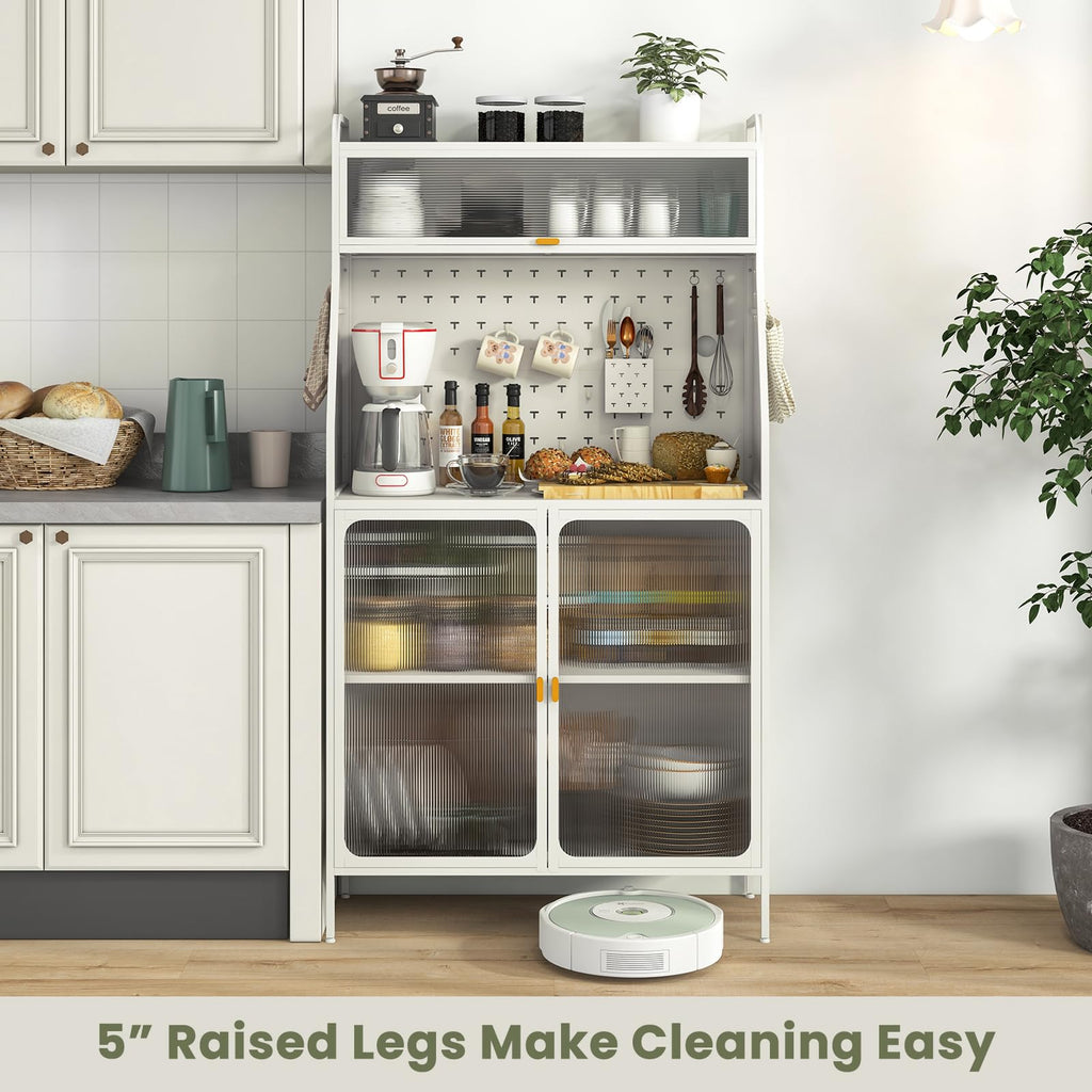 Pantry Organizers and Storage, 63.5" H Kitchen Buffet Cabinet with Hutch, Pegboard, 8 Hooks & 1 Hanging Storage Box