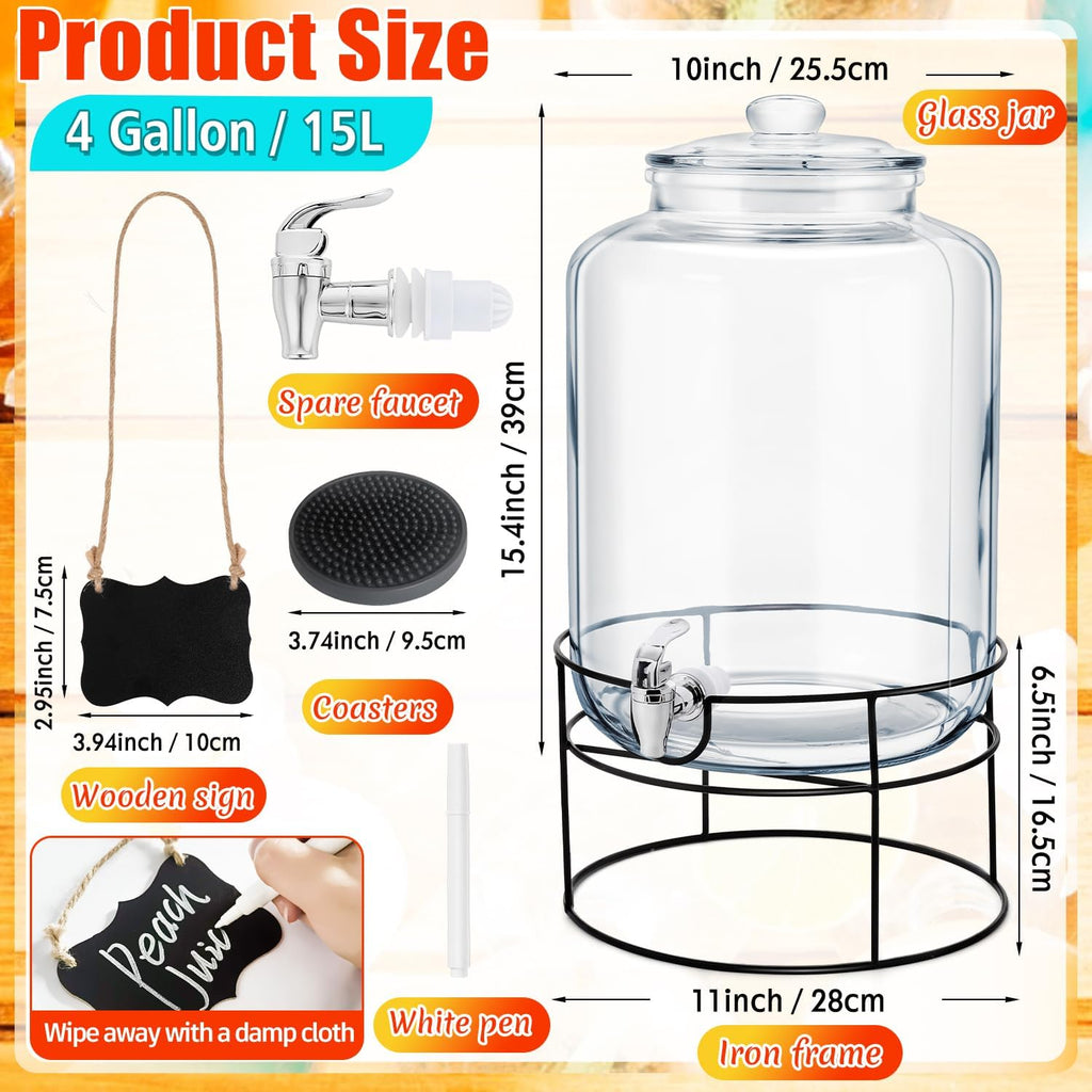 1 Pack 4 Gallon with Stand Spigot and Drink Coasters Leakproof Glass Drink Beverage Storage for Parties Mason Jar