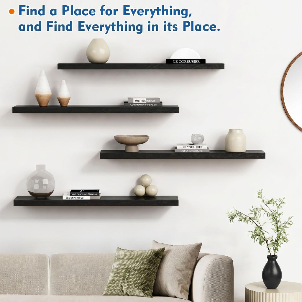 Black Floating Shelves 36 Inch Long, 8" Deep Wall Shelves Books