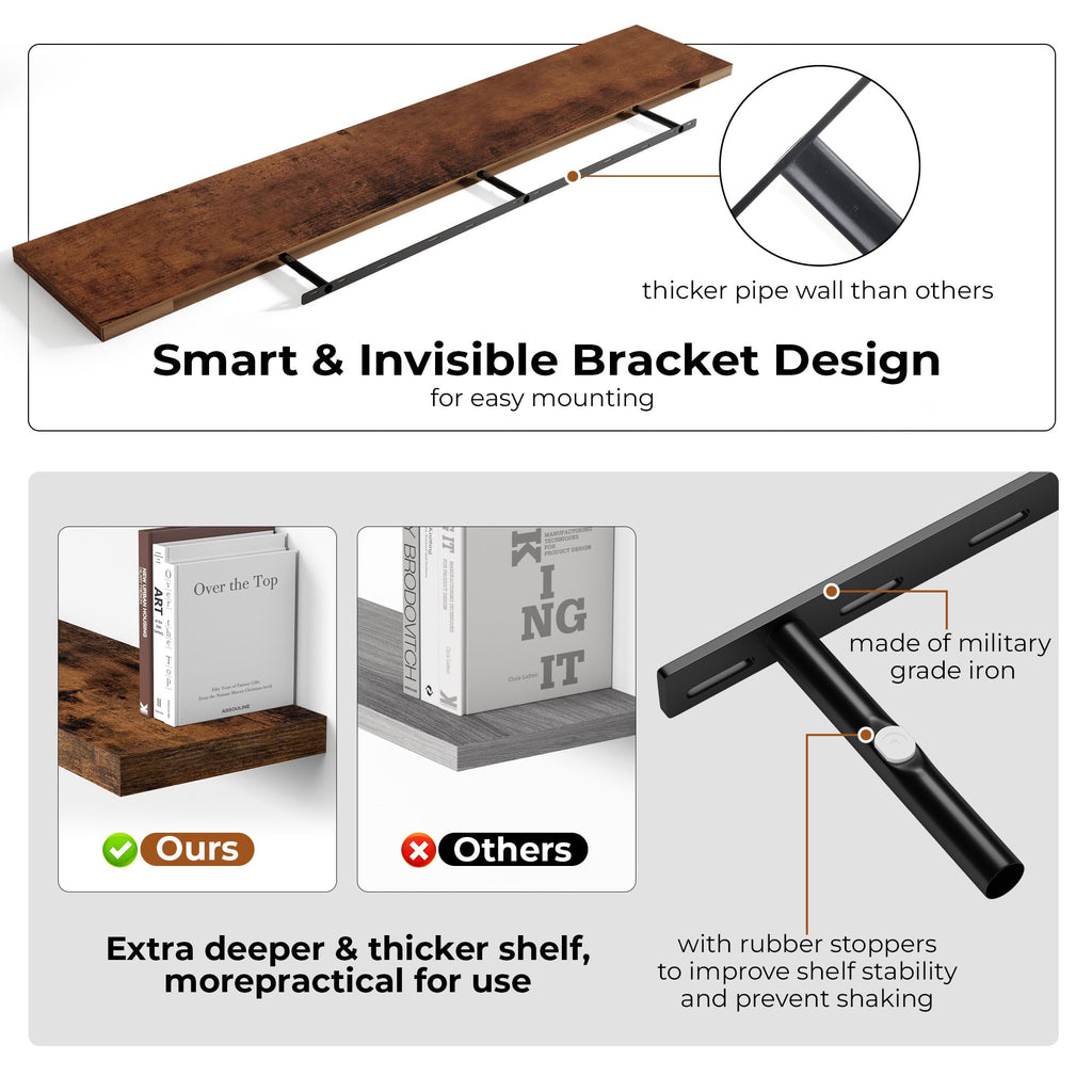 72 Inch Floating Shelves for Wall, Fireplace Mantel Shelf with Invisible Heavy Duty Bracket, 8 Inch Deep Storage