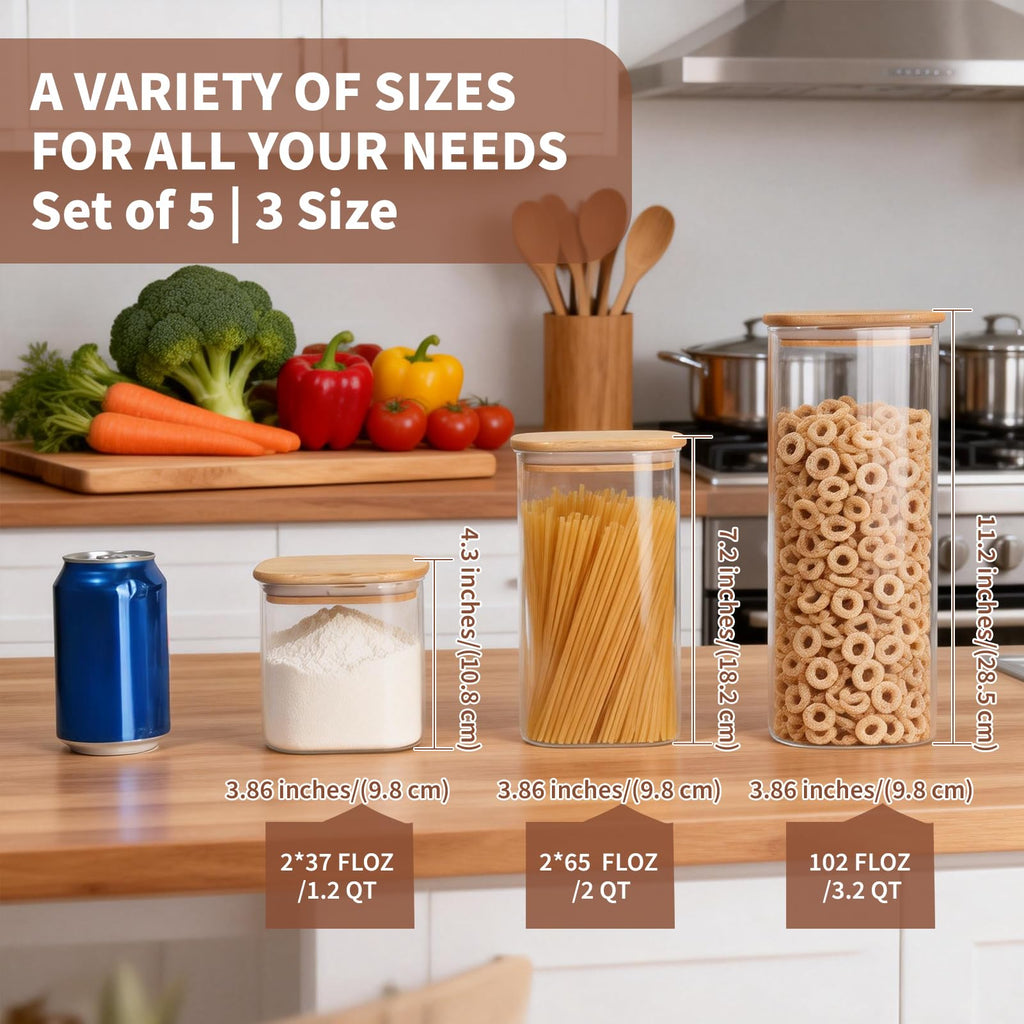 Glass Storage Containers with Lids [Multi-Size Set of 5], Airtight Glass Canisters & Pantry Organization, Clear Food