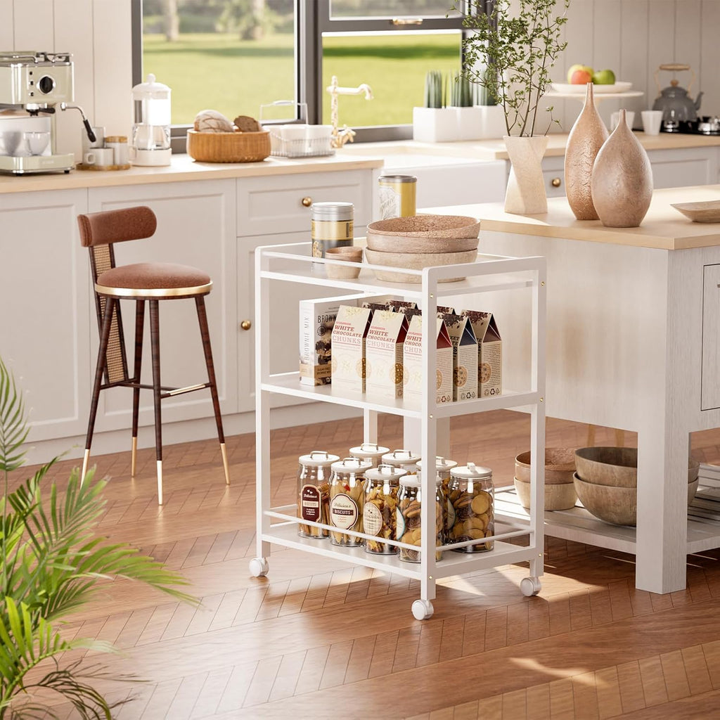 White Bar Cart, Home Bar Serving Cart, Kitchen Trolley on Wheels with Storage, 3 Tier Rolling Beverage Cart Kitchen