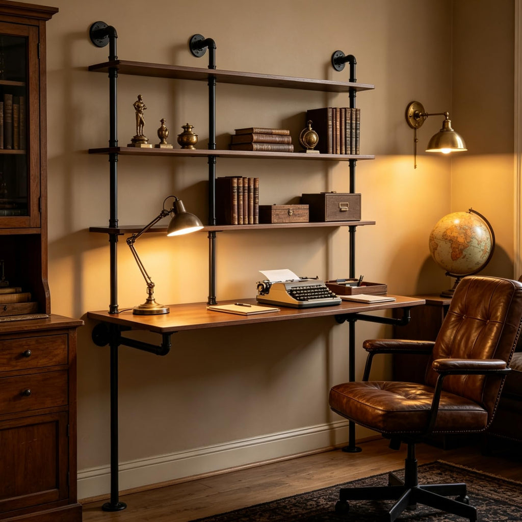 Industrial Pipe Desk Wall Mounted With Shelves, Computer Desk With Bookshelf