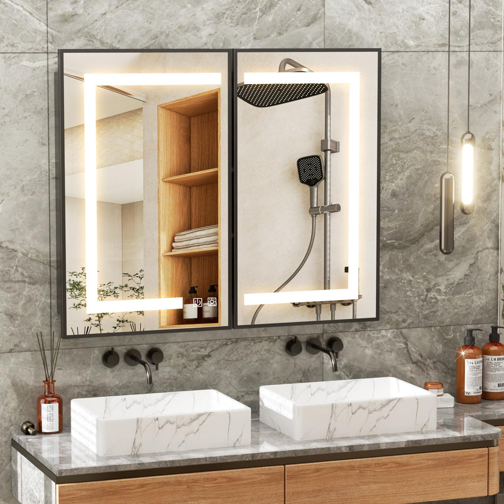 40x32 Inch Black Lighted Bathroom Medicine Cabinet with Mirror