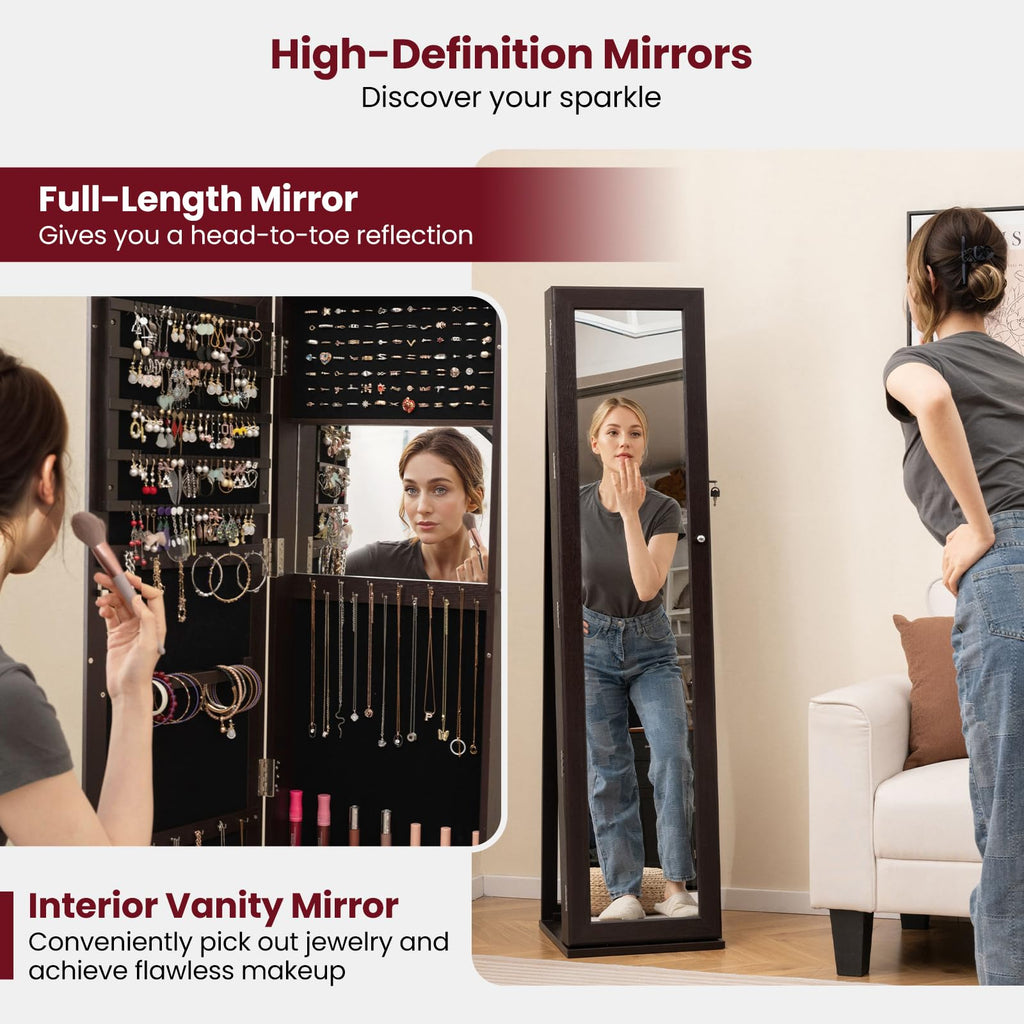 Jewelry Cabinet with Full-length Mirror, Jewelry Storage Organizer with Makeup Mirror, Back Storage Shelf, Lockable