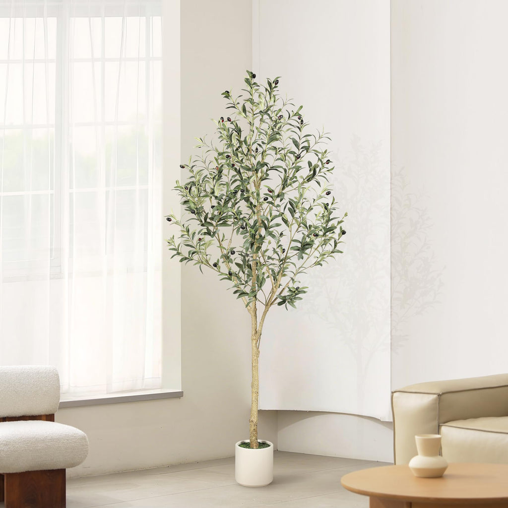 Faux Olive Tree 6ft with Sturdy White Planter, Artificial Olive Tree