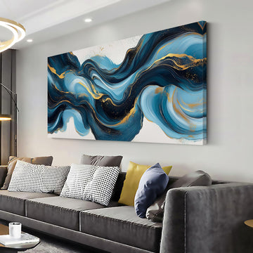 Abstract Blue and Gold Swirling Stripe Wall Art Office Contemporary Art Deco White Background Painting Prints Modern