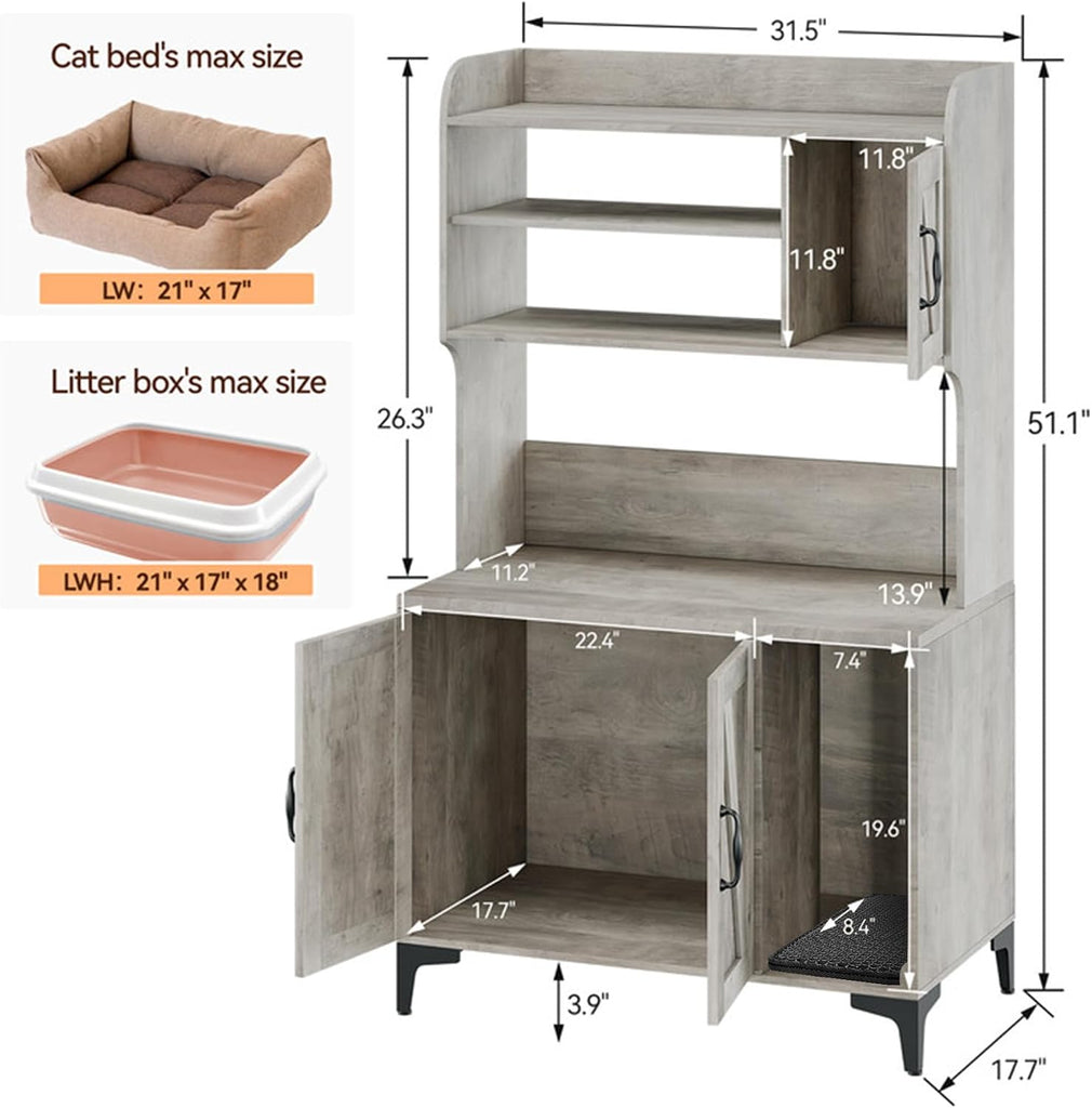 Litter Box Enclosure with Platform, 51.1 inch Large Cat Litter Box Enclosure Furniture with 4 Layer Storage