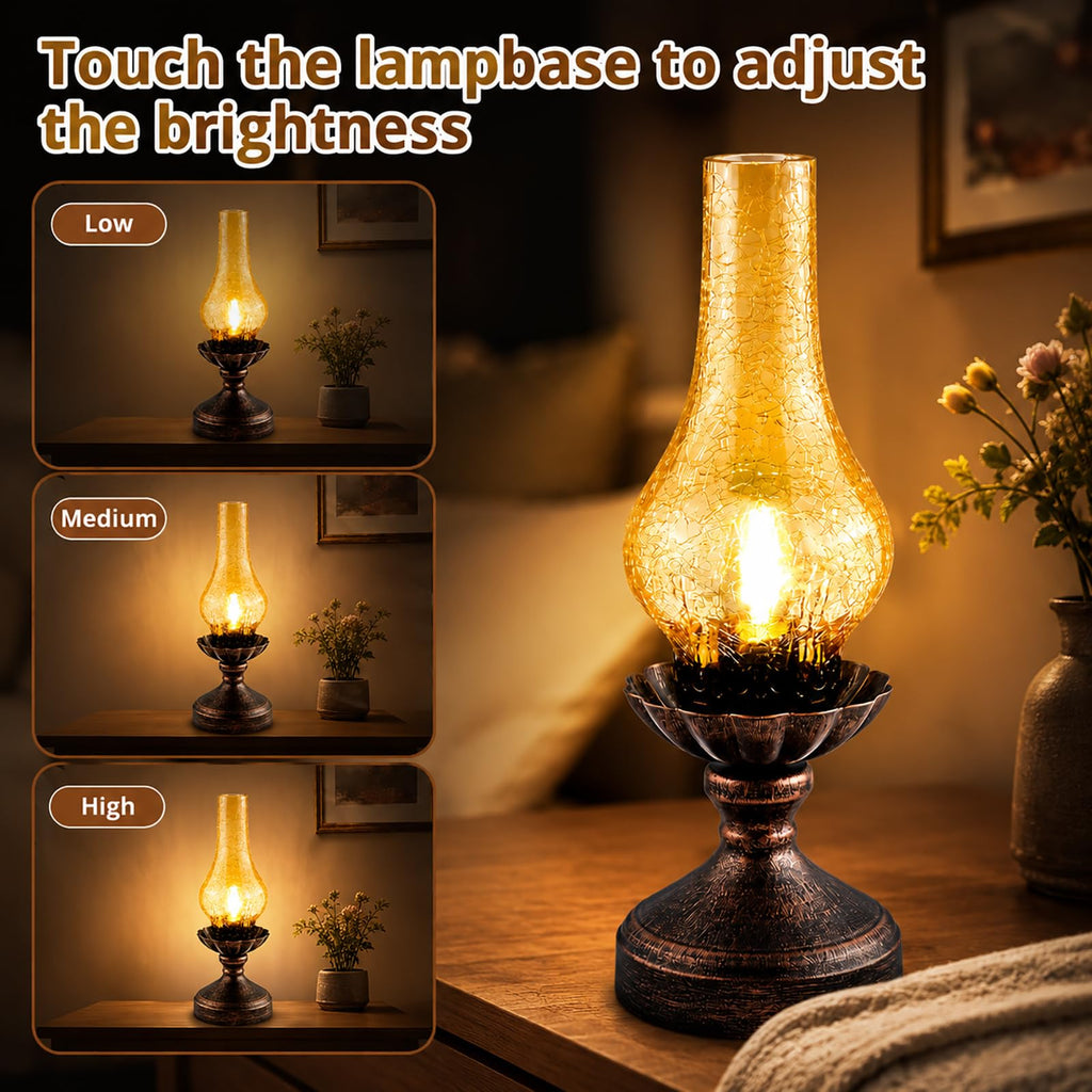 Vintage Table Lamp, Touch Control & 3-Way Dimmable Rustic Retro Farmhouse Bedside Lamp with Amber Glass Shade and LED