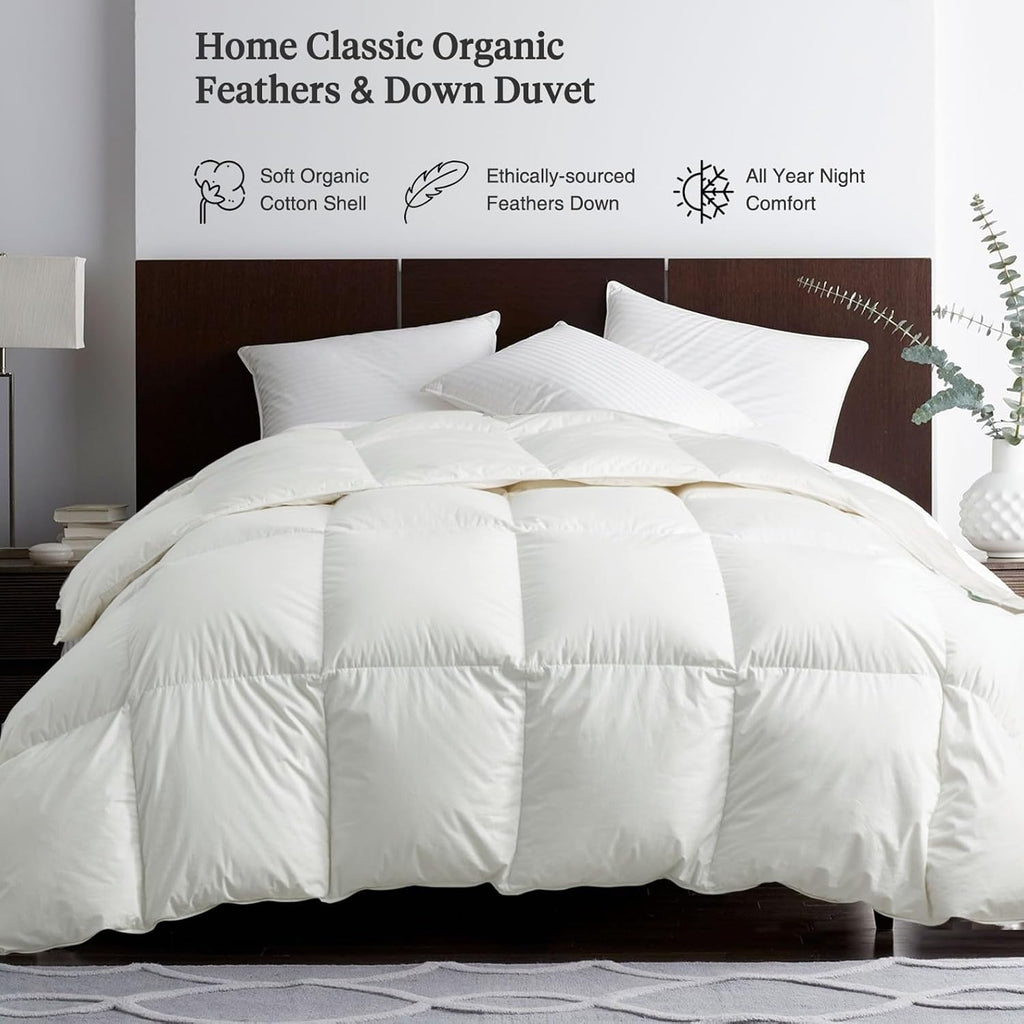 Feathers & Down Comforter, Organic Duvet Insert, 100% Cotton Shell, Ethically-sourced Feathers and D