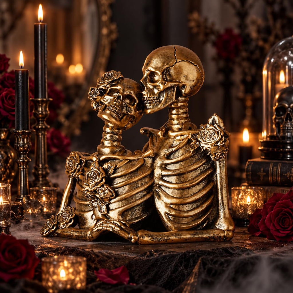 Skull Decor Halloween Decoration: Skeleton Couple Figurines Resin Gothic Statues Vintage Home Decor for Shelf Table
