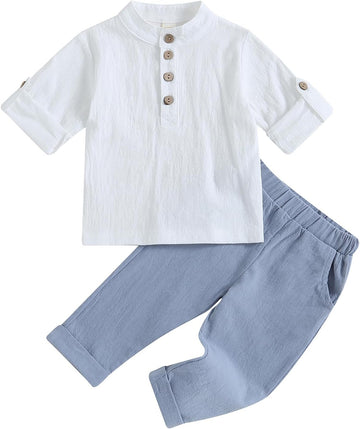 Toddler Baby Boy Clothes Cotton Linen Henley Shirts Button Down Long Sleeve Shirts Casual Pants Set