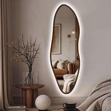 Irregular Full Length Mirror with LED Lights, 65"x22" Wooden Frame Full Body Mirrors, Wall Mounted Asymmetrical