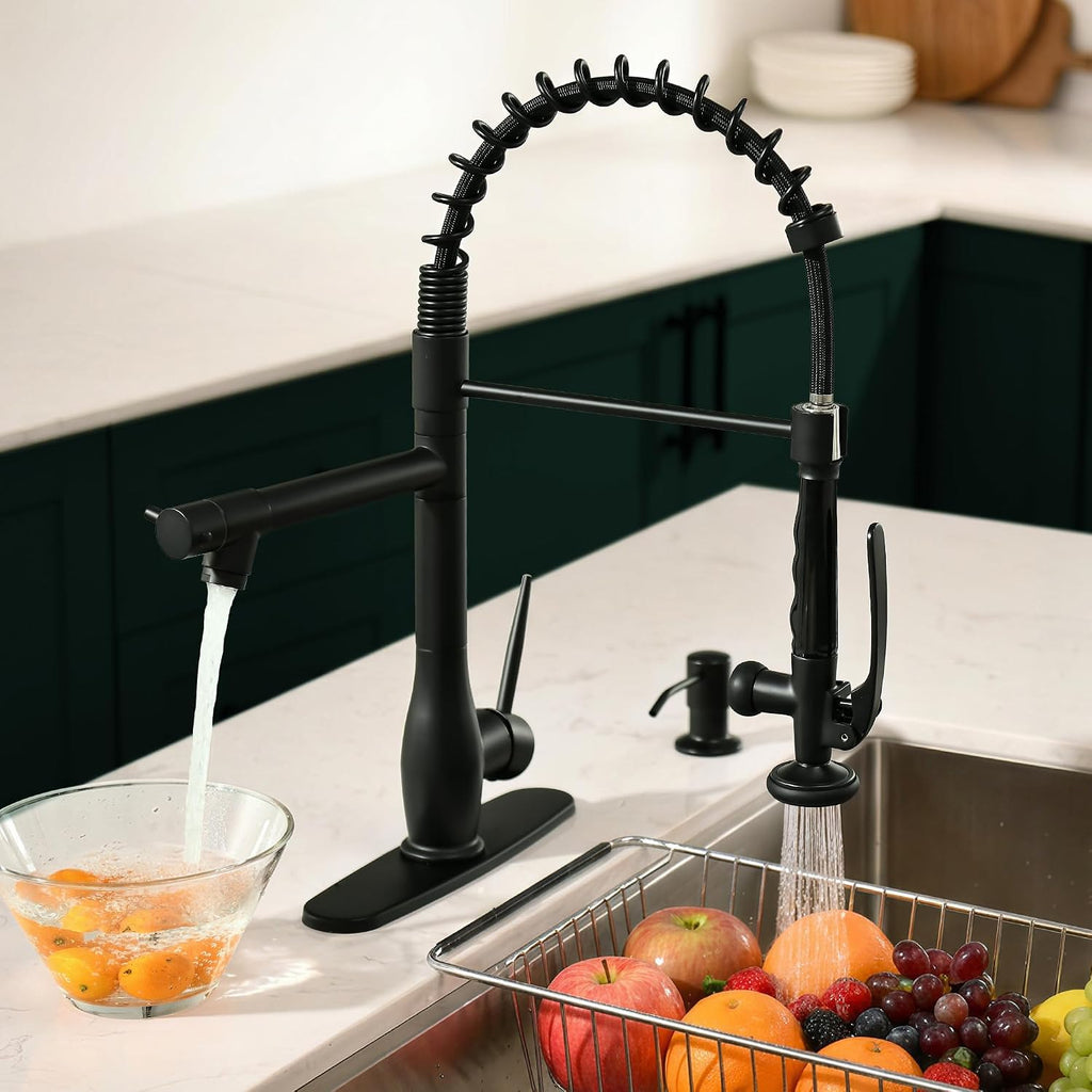 Matte Black Commercial Kitchen Faucet with Pull Down Sprayer | Soap Dispenser Included, Commercial Style, Double Head