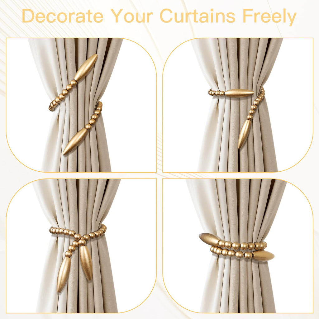 Wood Bead Curtain Tiebacks 2 Pack, No Drill Curtain Holdbacks, Gold