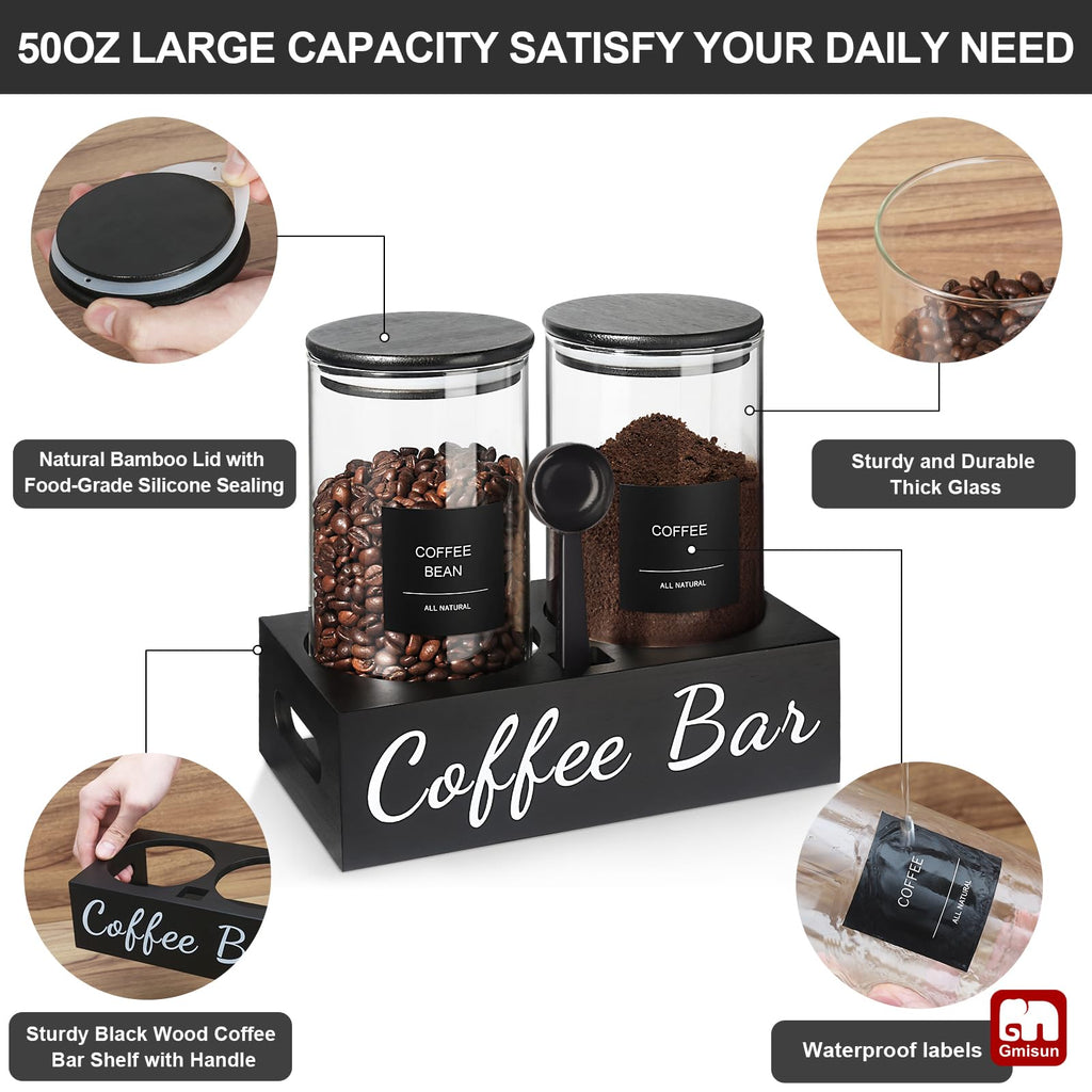 Coffee Container, 2 Pcs 50 Fl oz Airtight Bean Storage Canister, Black Glass Ground Coffee and Sugar Jar Set with