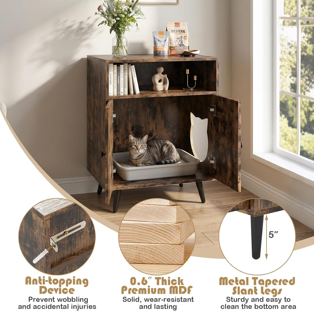 Cat Litter Box Enclosure, Wooden Enclosed Litter Box with Shelves, Hidden Litter Box Furniture End Table (Rustic