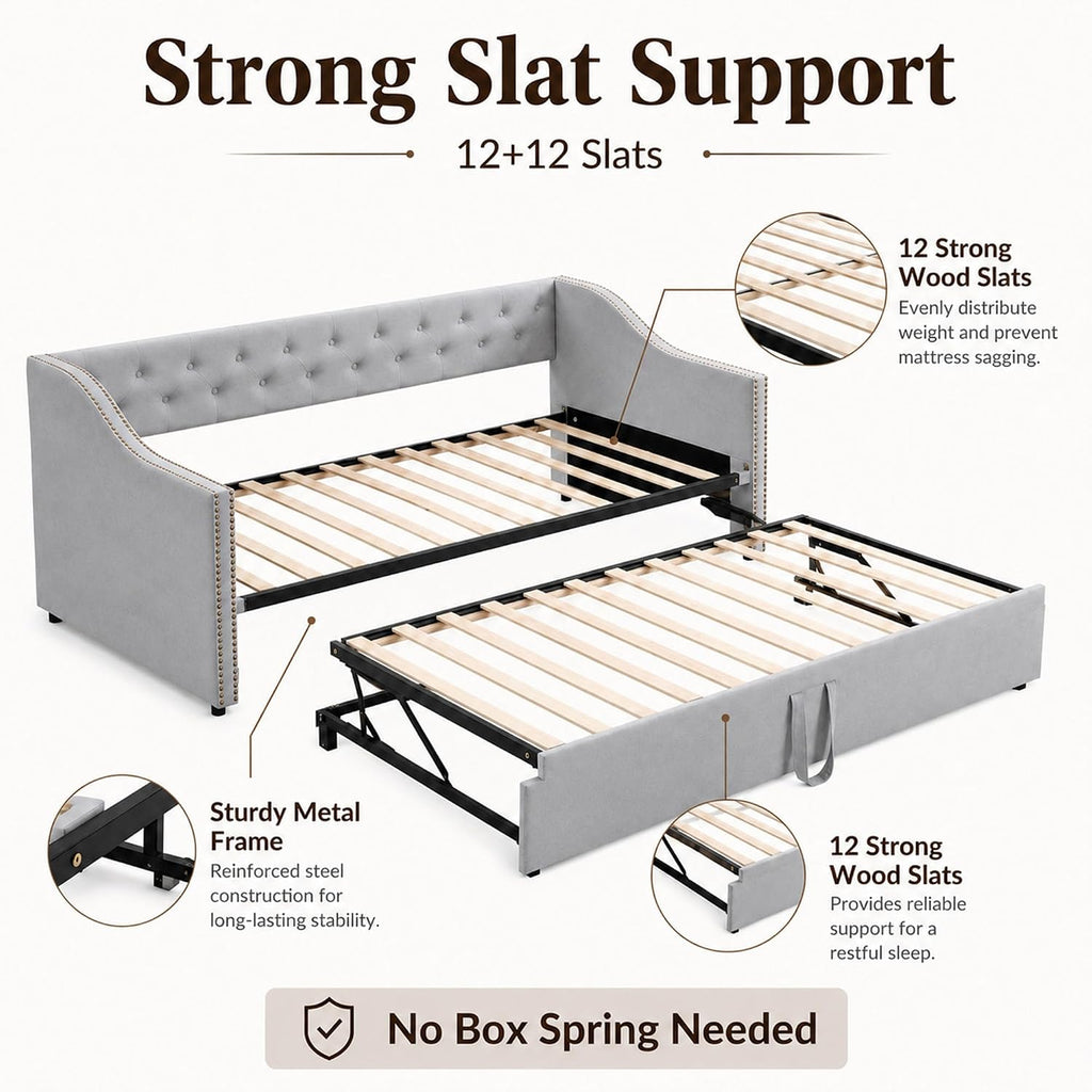 Twin Daybed with Pop Up Trundle, Twin to King Convertible Daybed Frame, Upholstered Daybed with Trundle, Pull Out