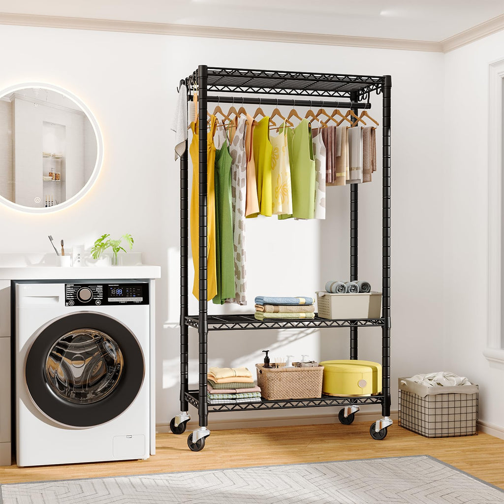 P3 Rolling Clothes Rack, Clothing Racks for Hanging Clothes, Black
