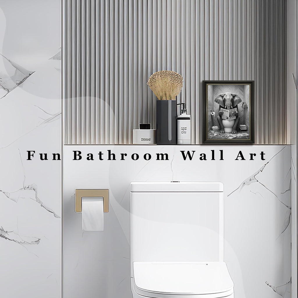 Funny Elephant Bathroom Wall Art, Black and White Animal Reading Newspaper Print art, Quirky Toilet Humor Wall decor
