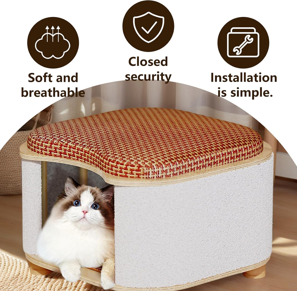 Multi-Functional Wooden Cat Cabinet, Cat Bed with Scratch Pad & Rattan Cushion, Hidden Cat Cave & Ottoman Stool