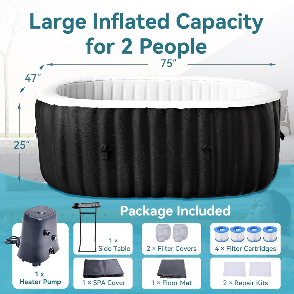 Inflatable Hot Tub with LED Lights, 2 Person Oval Portable Blow up Hot Tub Spa with Side Table, Leak-Proof PVC